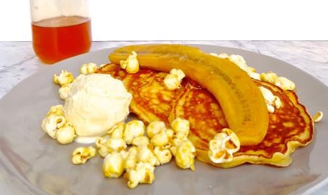 Buttermilk Pancakes with Caramelised Banana and Popcorn